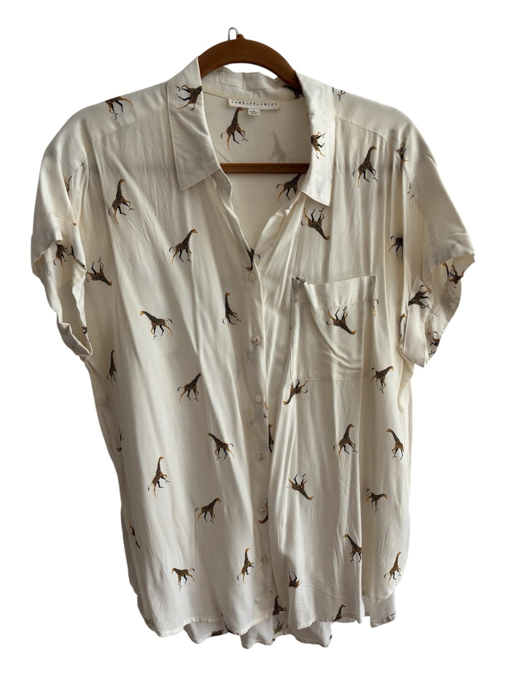 Jane and Delancey Cream Button-Up Roll Sleeve Shirt with Giraffe Print, Large